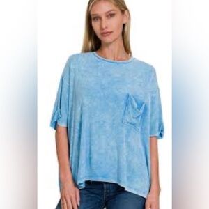 ZENANA Acid Wash Oversized ribbed Front Pocket Boyfriend Tee DEEP SKY L XL shirt